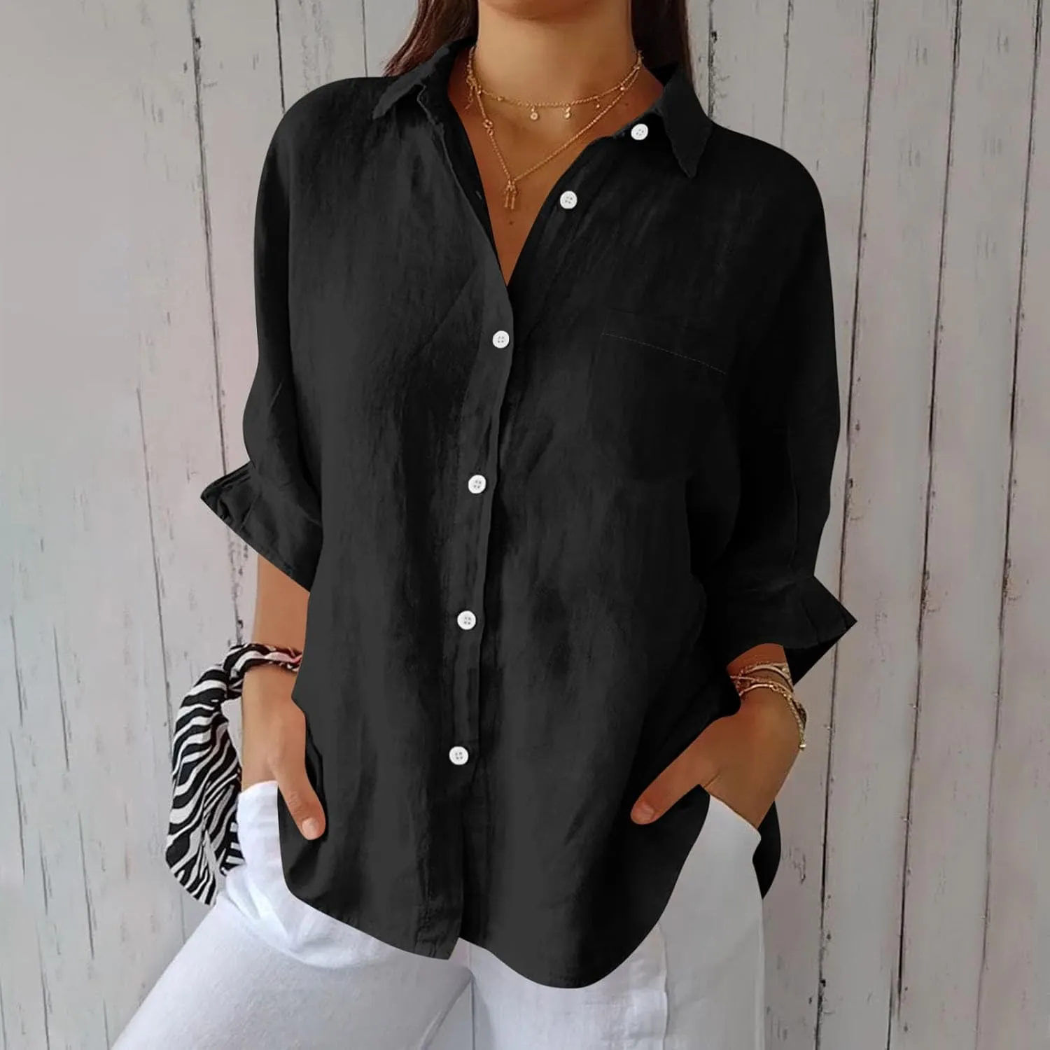 Linen Shirts for Women Summer Cotton Linen V Neck Long Sleeve Tops Oversized Blouse Loose Vacation Beach Solid Coverup