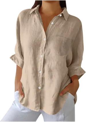Linen Shirts for Women Summer Cotton Linen V Neck Long Sleeve Tops Oversized Blouse Loose Vacation Beach Solid Coverup