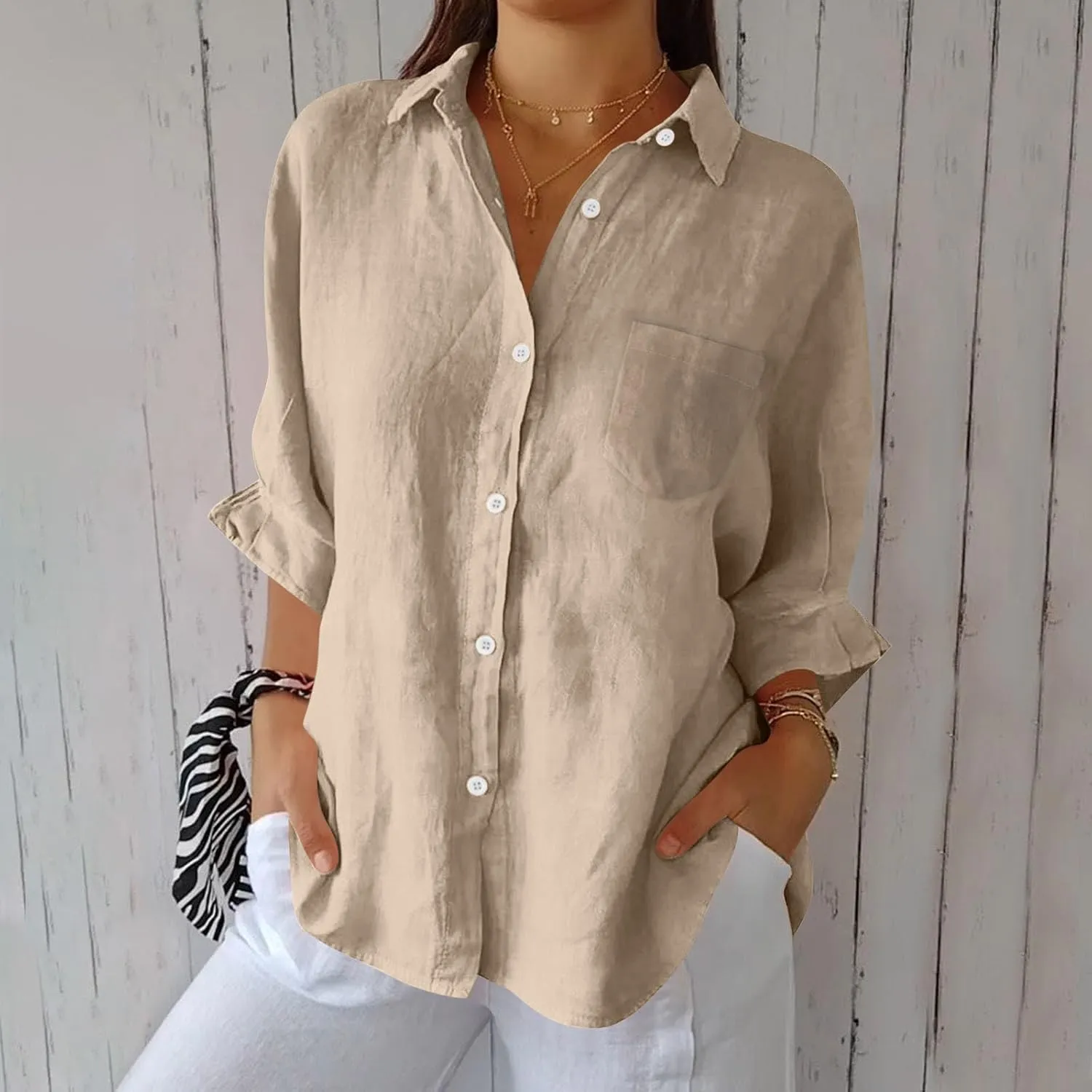 Linen Shirts for Women Summer Cotton Linen V Neck Long Sleeve Tops Oversized Blouse Loose Vacation Beach Solid Coverup