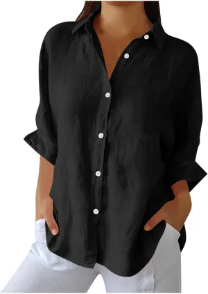 Linen Shirts for Women Summer Cotton Linen V Neck Long Sleeve Tops Oversized Blouse Loose Vacation Beach Solid Coverup