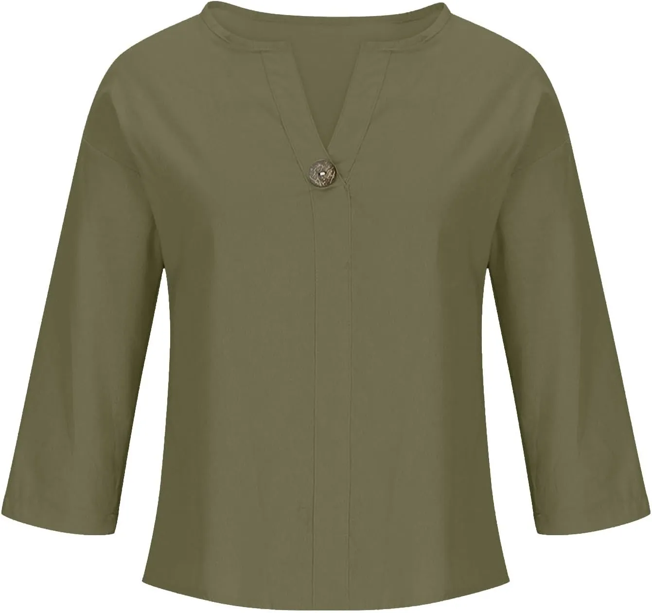 Linen Tops for Women Summer V Neck 3/4 Length Sleeve Retro Tops with Button Roll-Up Sleeve Casual Loose Fit Blouses