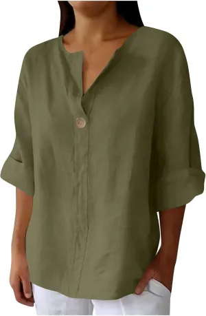 Linen Tops for Women Summer V Neck 3/4 Length Sleeve Retro Tops with Button Roll-Up Sleeve Casual Loose Fit Blouses