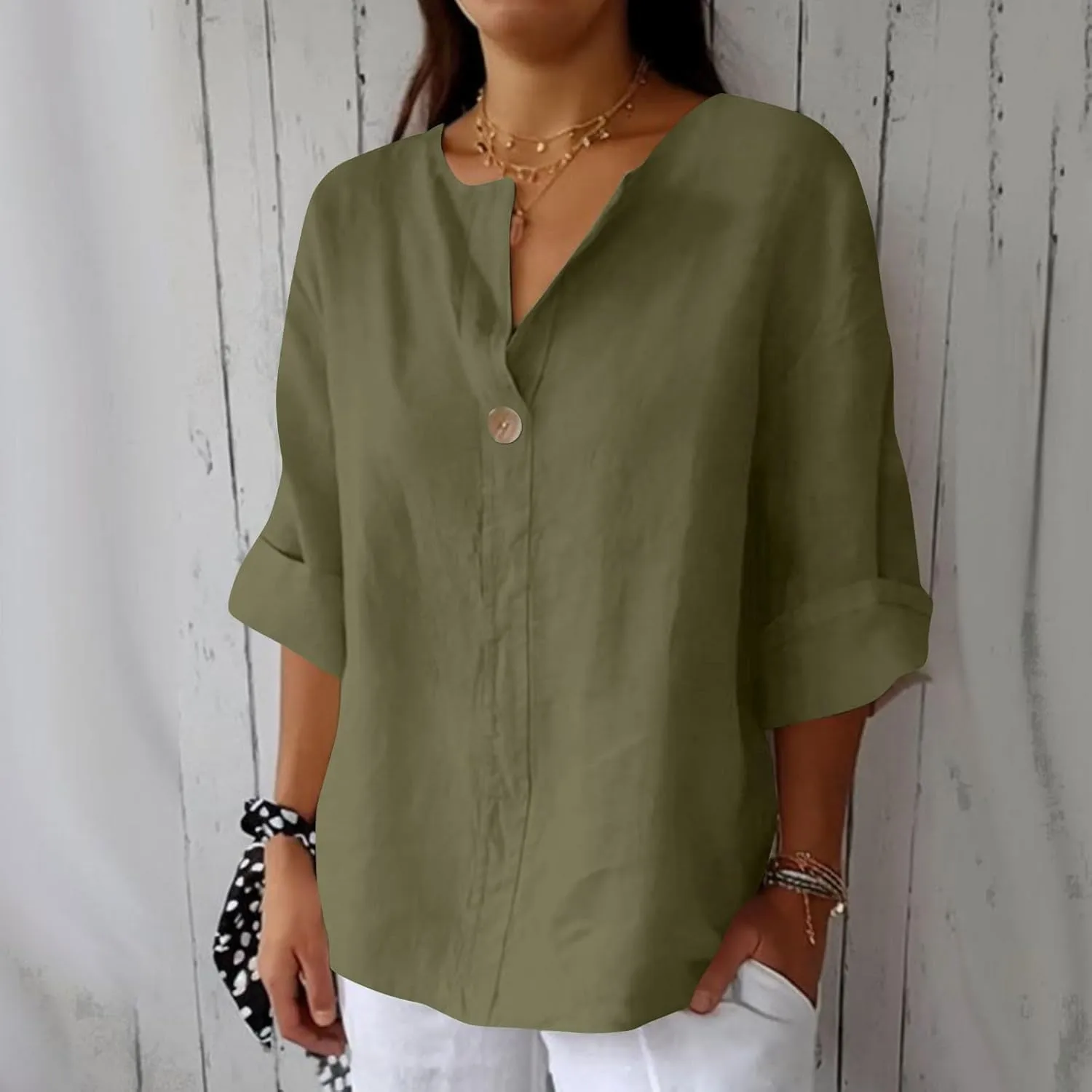 Linen Tops for Women Summer V Neck 3/4 Length Sleeve Retro Tops with Button Roll-Up Sleeve Casual Loose Fit Blouses