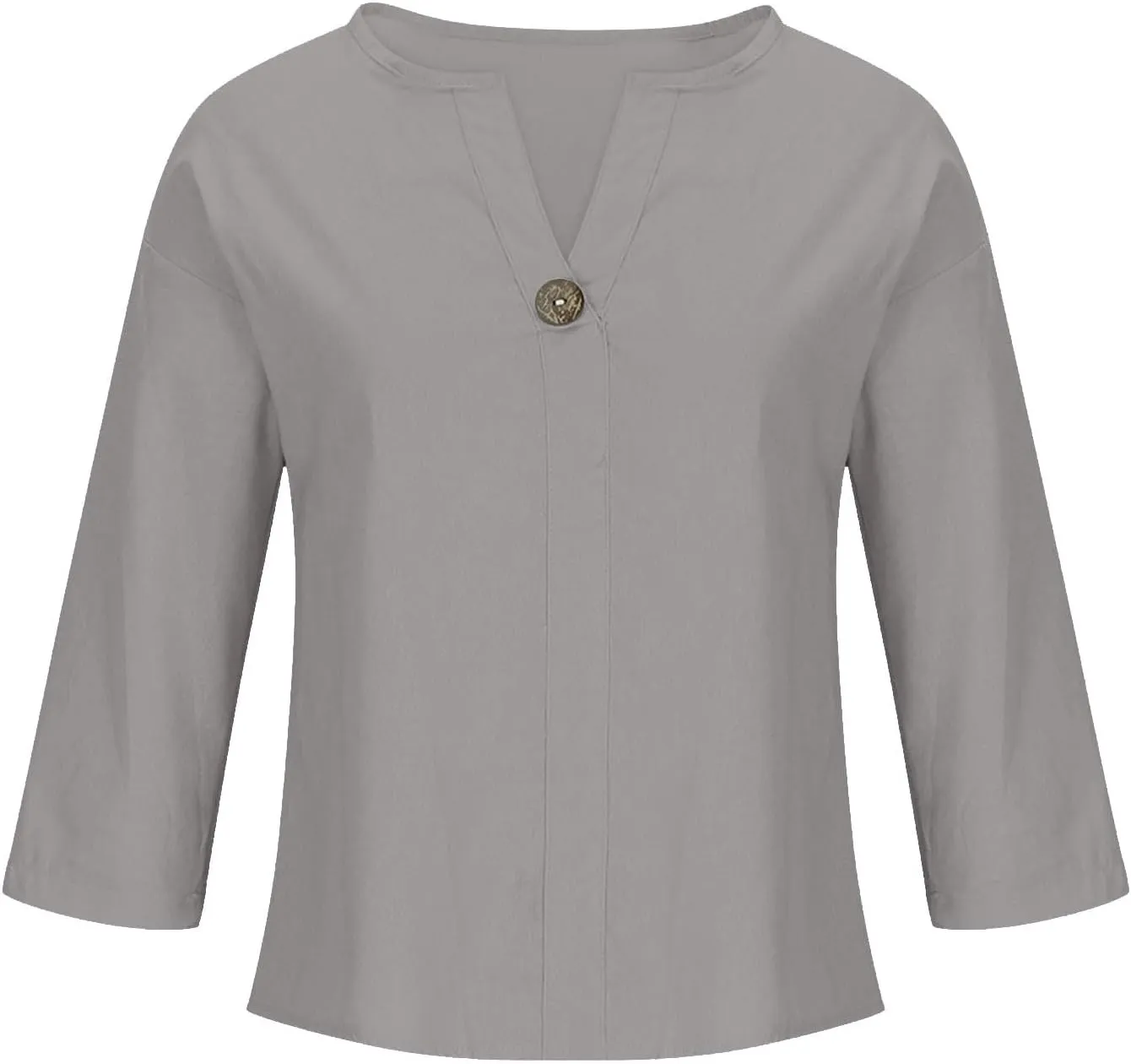 Linen Tops for Women Summer V Neck 3/4 Length Sleeve Retro Tops with Button Roll-Up Sleeve Casual Loose Fit Blouses