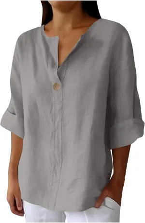 Linen Tops for Women Summer V Neck 3/4 Length Sleeve Retro Tops with Button Roll-Up Sleeve Casual Loose Fit Blouses