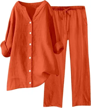 Linen Two Piece Set Women Pants Casual Outfits Wide Leg Pants Long Sleeve Button Down Shirt Lounge Streetwear Sets