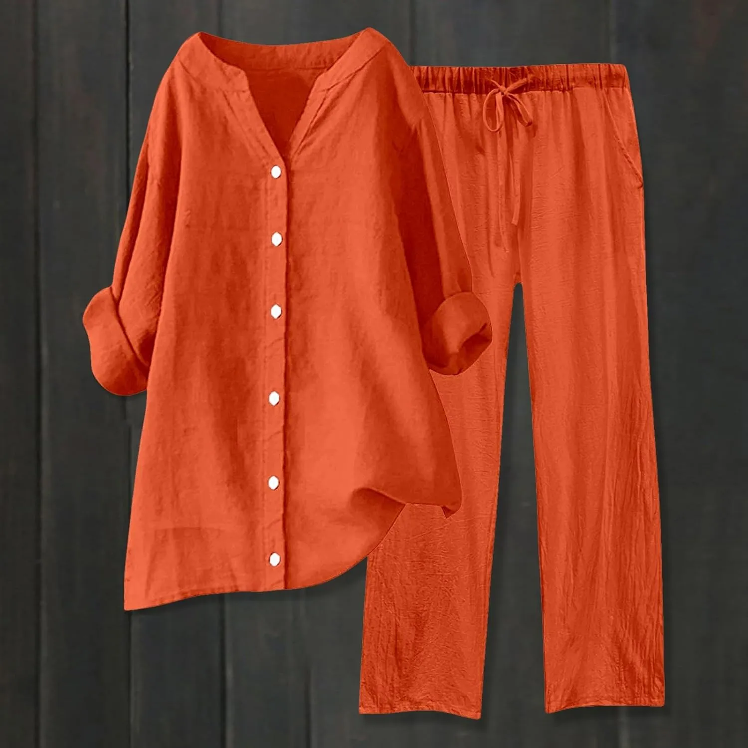 Linen Two Piece Set Women Pants Casual Outfits Wide Leg Pants Long Sleeve Button Down Shirt Lounge Streetwear Sets