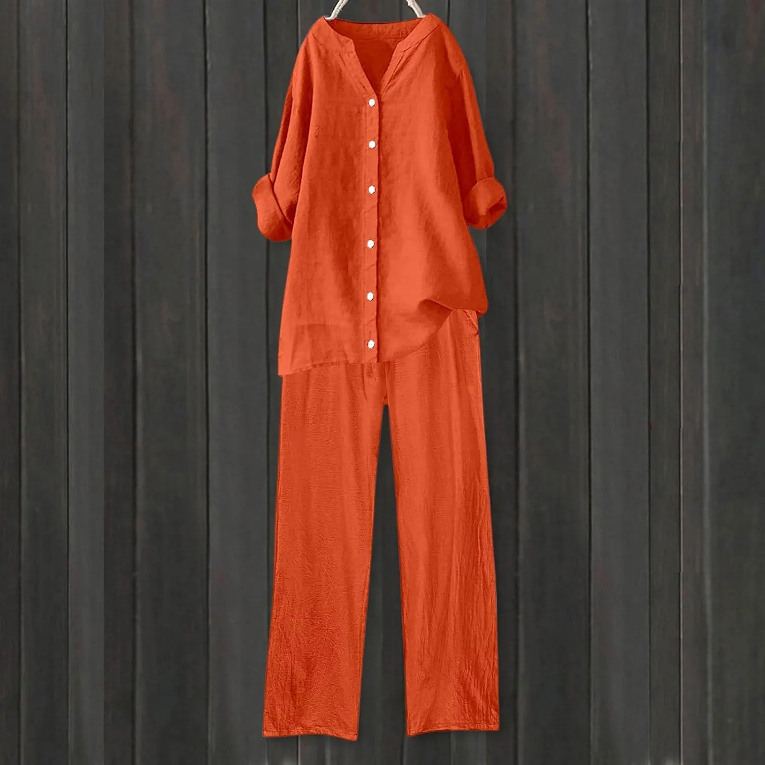 Linen Two Piece Set Women Pants Casual Outfits Wide Leg Pants Long Sleeve Button Down Shirt Lounge Streetwear Sets