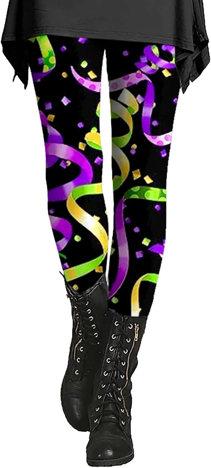 Litetao Mardi Gras Leggings for Women 2025 High Waisted Carnival Fancy Sequin Mask Printed Yoga Pants Stretch Tights Trousers