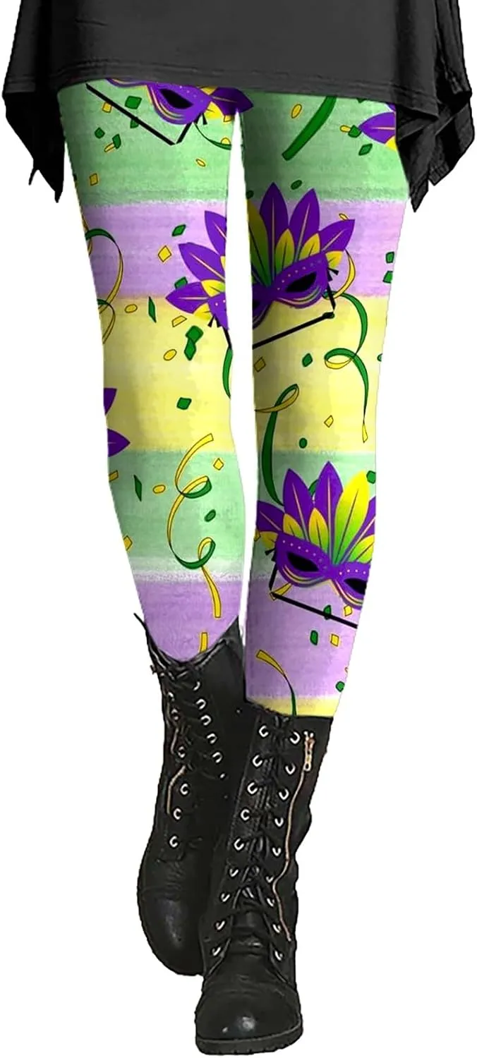 Litetao Mardi Gras Leggings for Women 2025 High Waisted Carnival Fancy Sequin Mask Printed Yoga Pants Stretch Tights Trousers