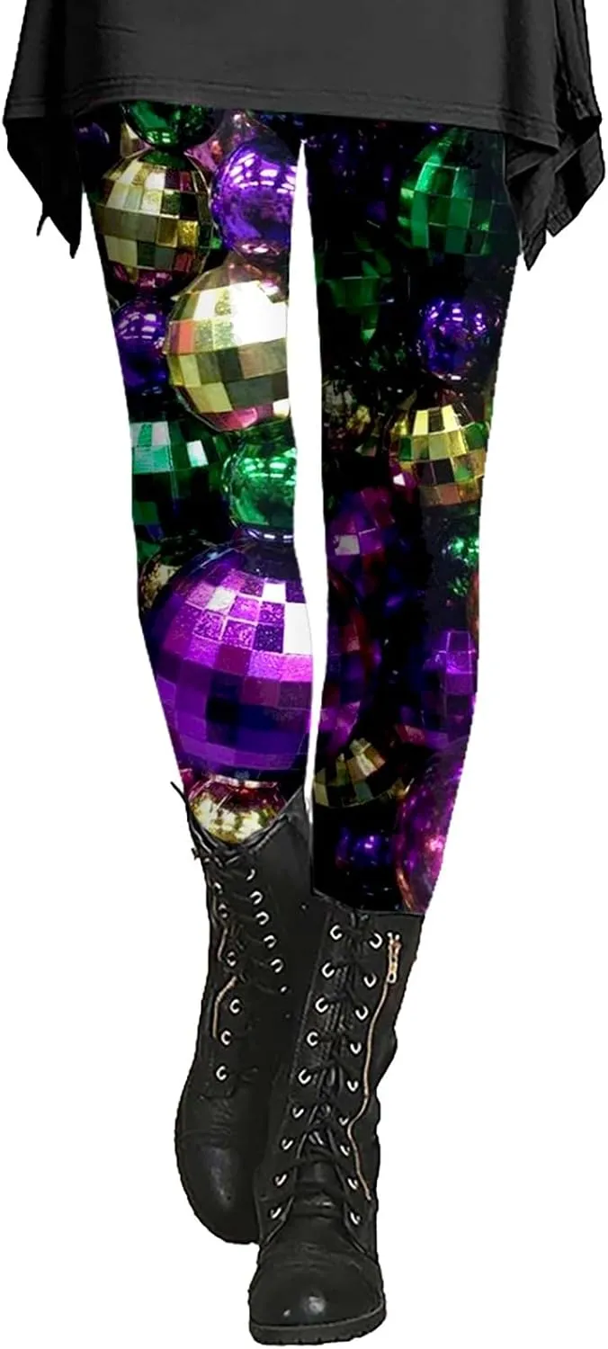 Litetao Mardi Gras Leggings for Women 2025 High Waisted Carnival Fancy Sequin Mask Printed Yoga Pants Stretch Tights Trousers