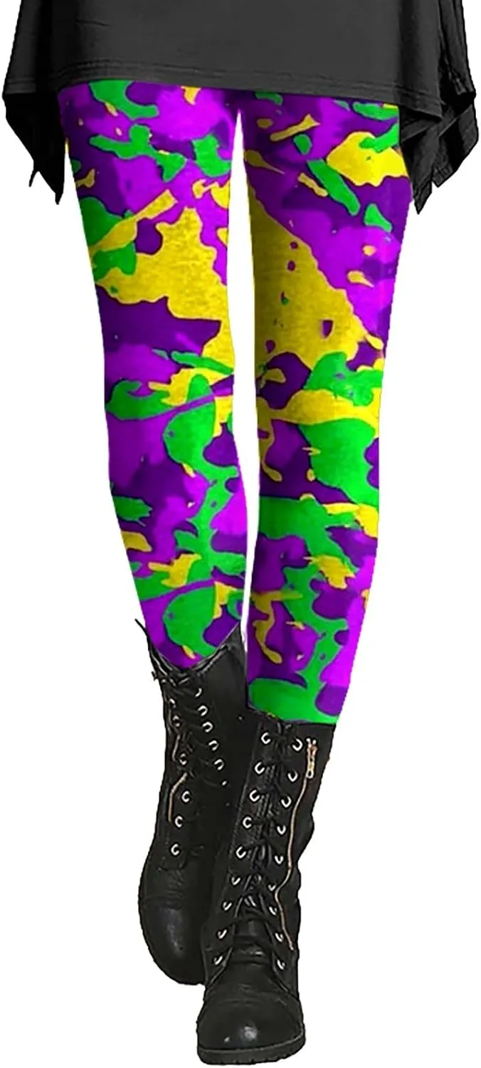Litetao Mardi Gras Leggings for Women 2025 High Waisted Carnival Fancy Sequin Mask Printed Yoga Pants Stretch Tights Trousers