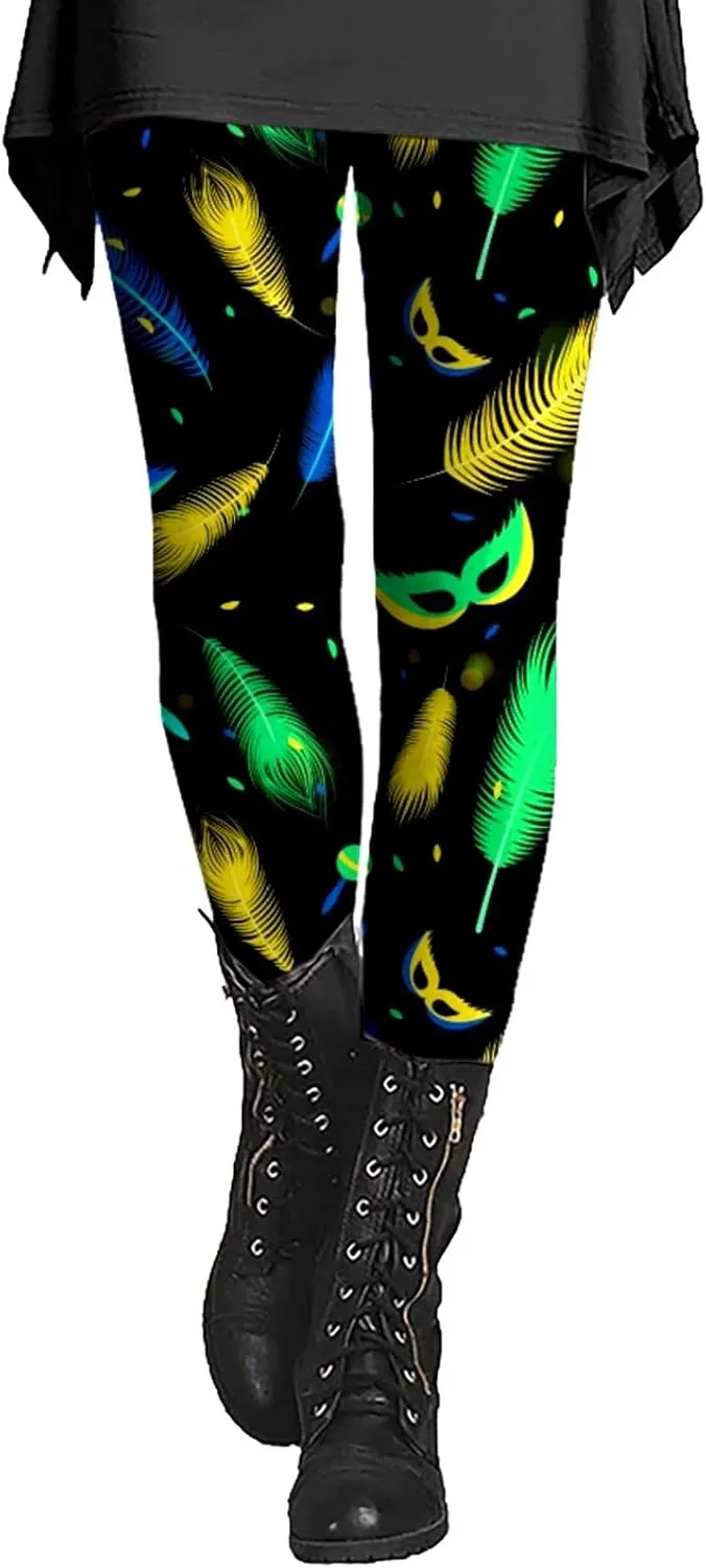 Litetao Mardi Gras Leggings for Women 2025 High Waisted Carnival Fancy Sequin Mask Printed Yoga Pants Stretch Tights Trousers