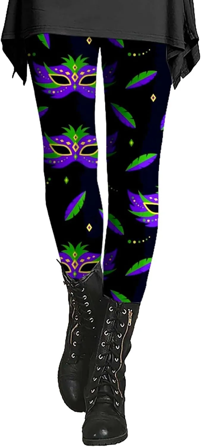 Litetao Mardi Gras Leggings for Women 2025 High Waisted Carnival Fancy Sequin Mask Printed Yoga Pants Stretch Tights Trousers