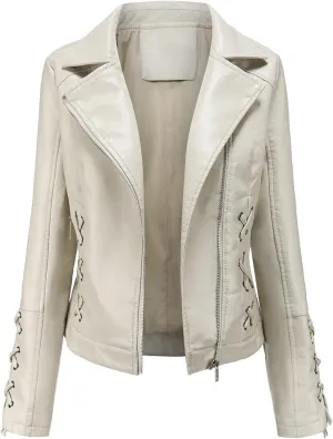 LIUguoo Women Faux Leather Jacket PU Slim Zip up Moto Biker Coat Motorcycle Outwear Casual Long Sleeve Lapel Jacket Tops