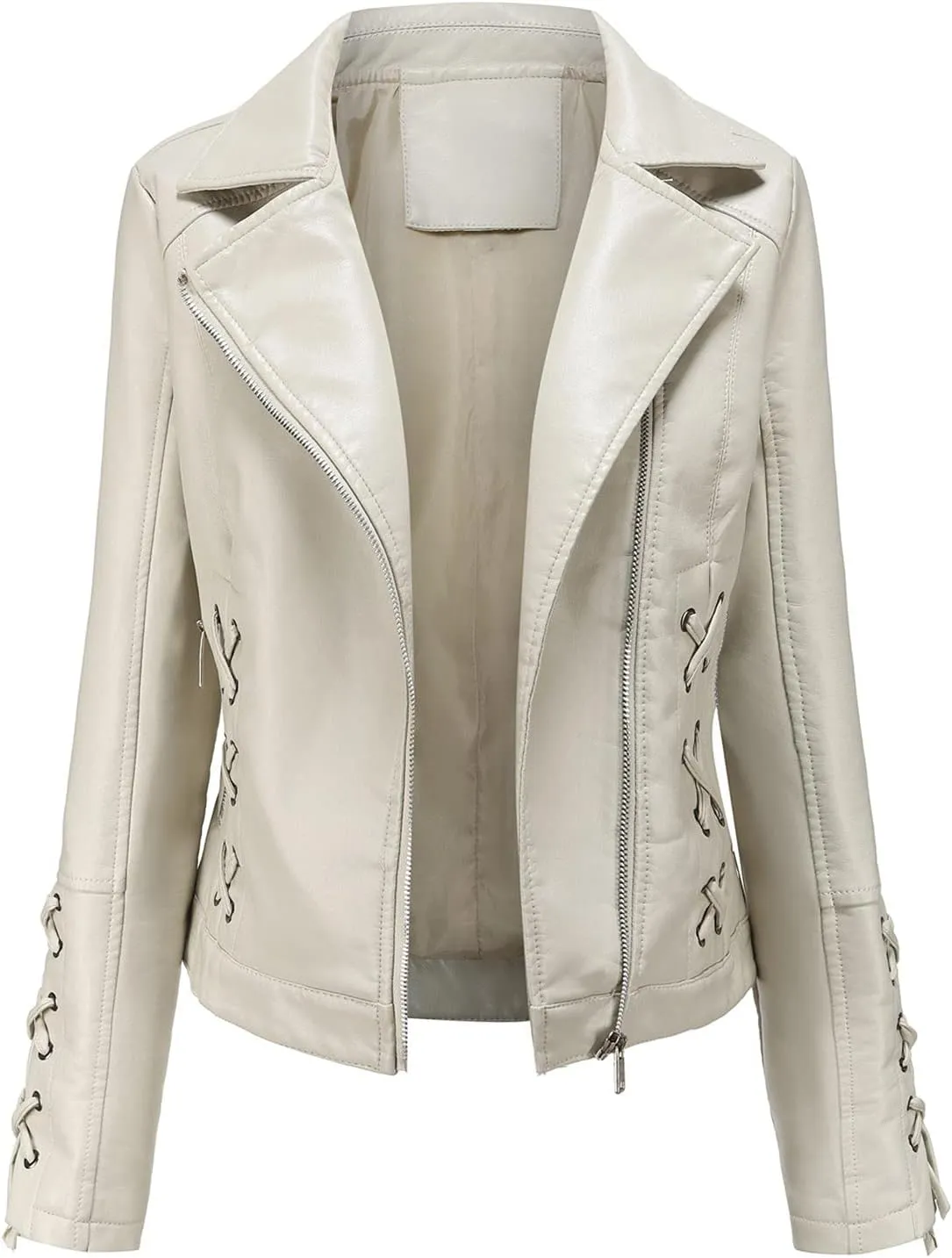 LIUguoo Women Faux Leather Jacket PU Slim Zip up Moto Biker Coat Motorcycle Outwear Casual Long Sleeve Lapel Jacket Tops