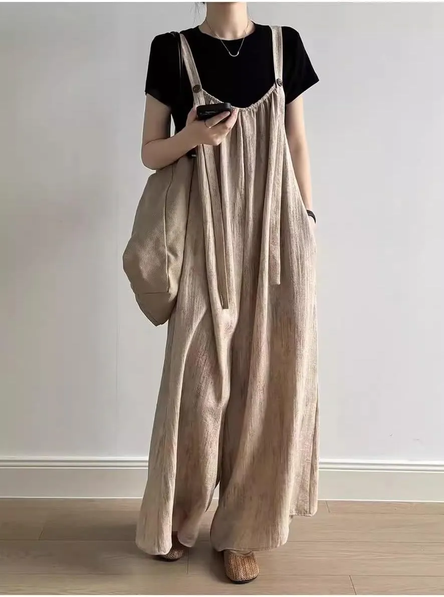 LIXINGHEITANG Cotton and linen Japanese overalls for women in summer drooping loose casual jumpsuit trousers