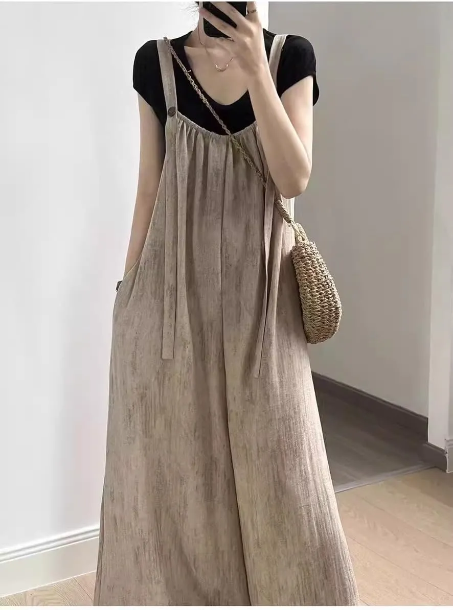 LIXINGHEITANG Cotton and linen Japanese overalls for women in summer drooping loose casual jumpsuit trousers