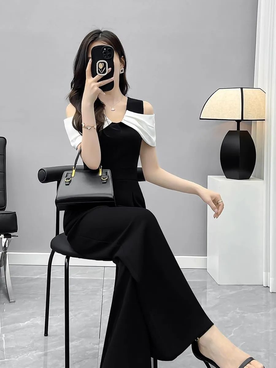 LIXINGHEITANG Summer black casual pants with shoulders and temperament jumpsuit set for women color-