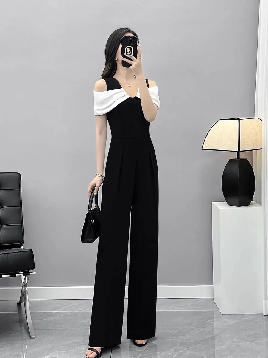 LIXINGHEITANG Summer black casual pants with shoulders and temperament jumpsuit set for women color-