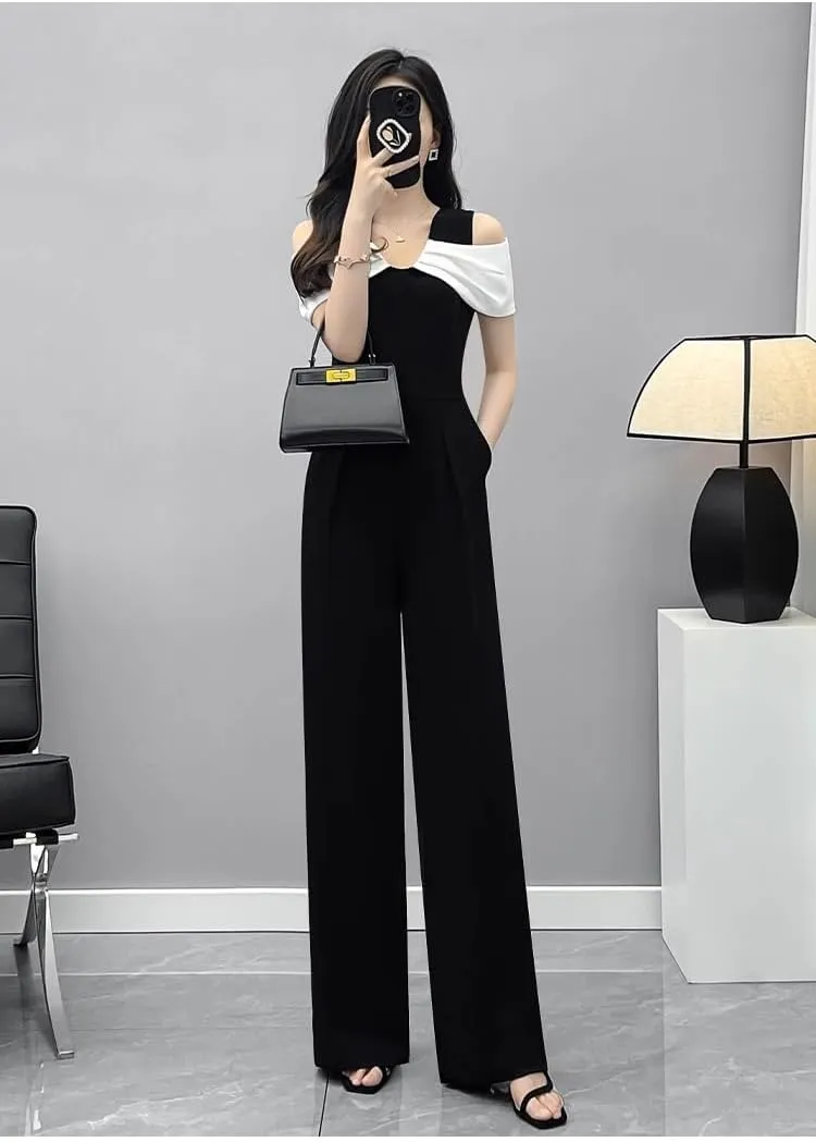 LIXINGHEITANG Summer black casual pants with shoulders and temperament jumpsuit set for women color-