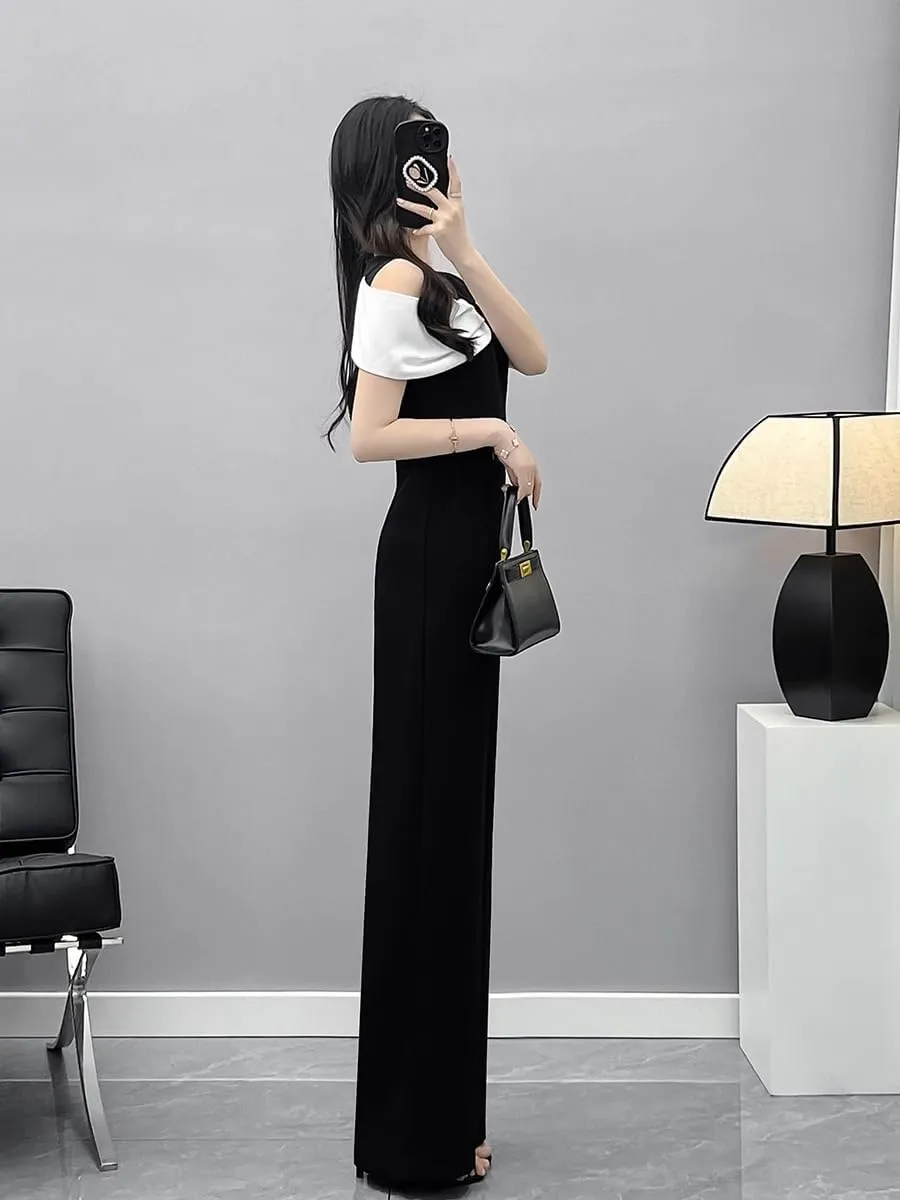 LIXINGHEITANG Summer black casual pants with shoulders and temperament jumpsuit set for women color-