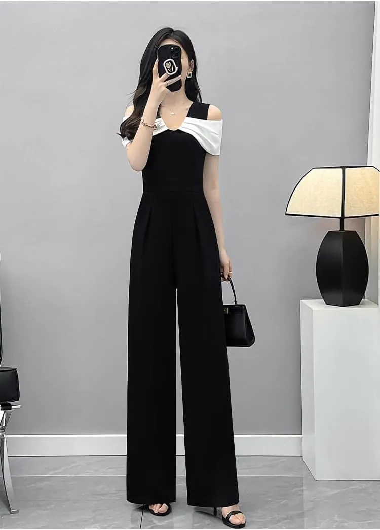 LIXINGHEITANG Summer black casual pants with shoulders and temperament jumpsuit set for women color-