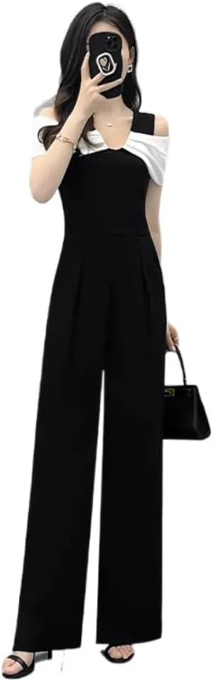 LIXINGHEITANG Summer black casual pants with shoulders and temperament jumpsuit set for women color-