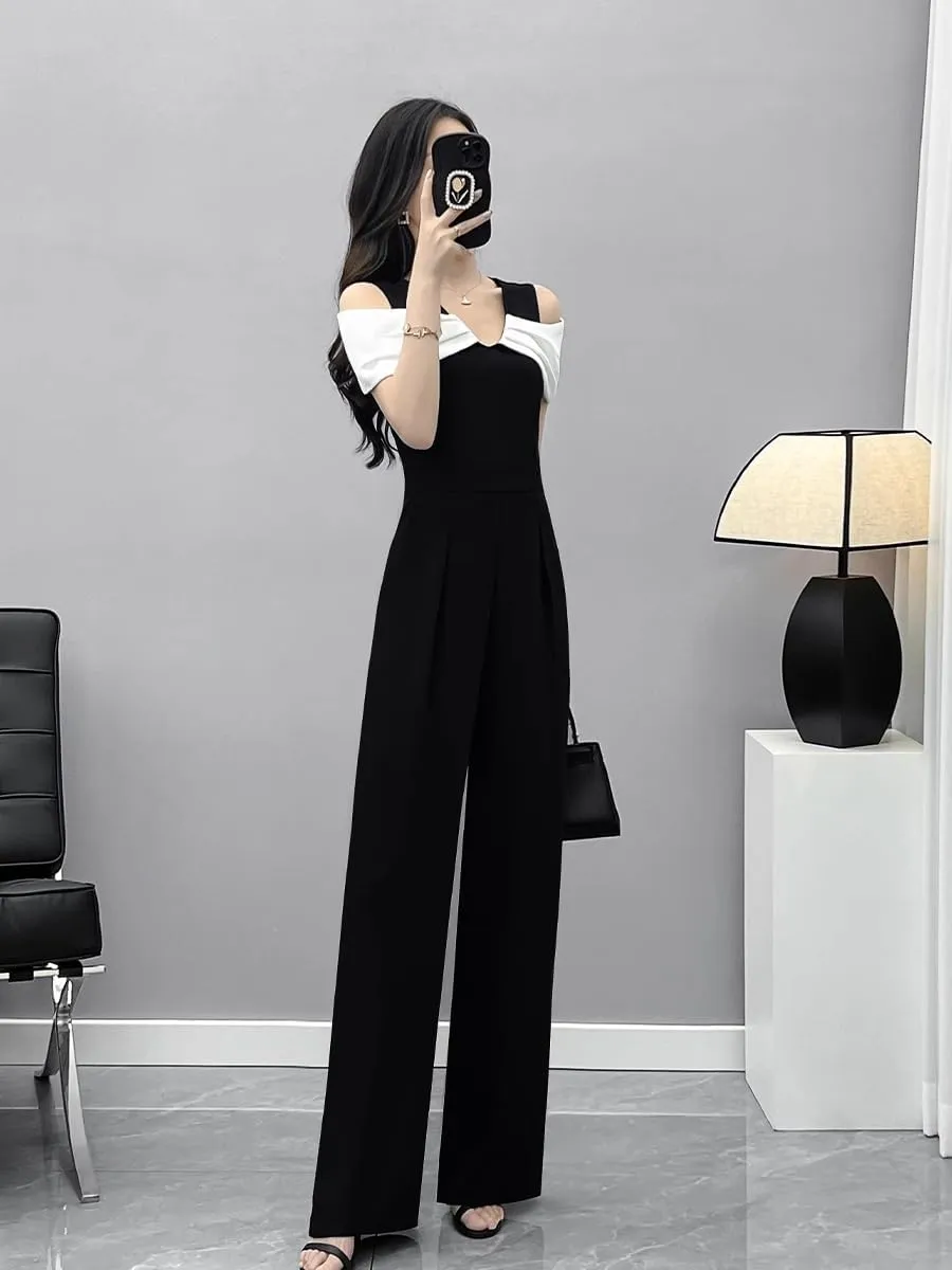 LIXINGHEITANG Summer black casual pants with shoulders and temperament jumpsuit set for women color-