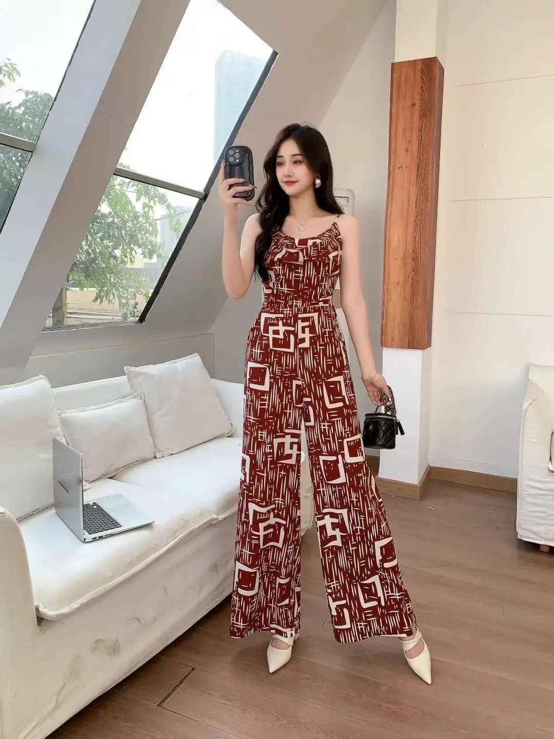 LIXINGHEITANG Womens summer beach jumpsuits waisted slim chiffon pants long trousers thin
