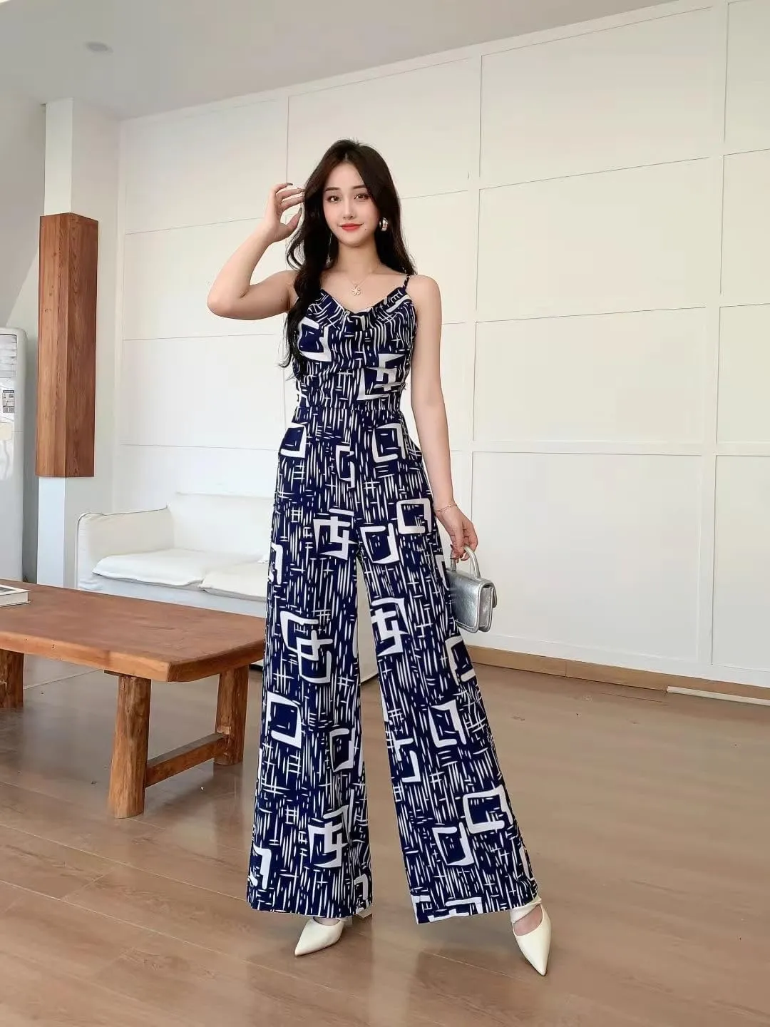 LIXINGHEITANG Womens summer beach jumpsuits waisted slim chiffon pants long trousers thin