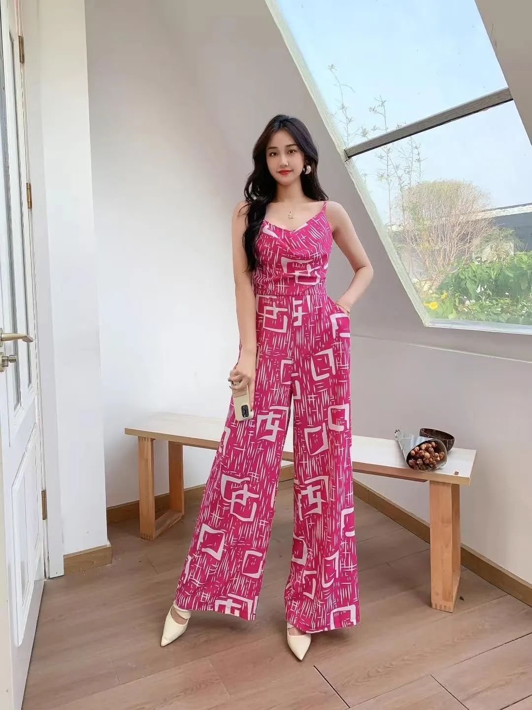 LIXINGHEITANG Womens summer beach jumpsuits waisted slim chiffon pants long trousers thin