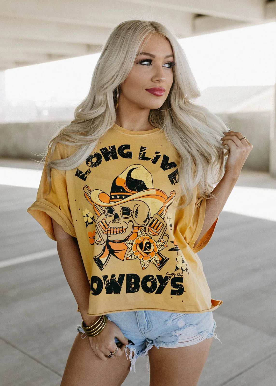 Long Live Cowboys Skull  OVERSIZED cropped distressed t shirt