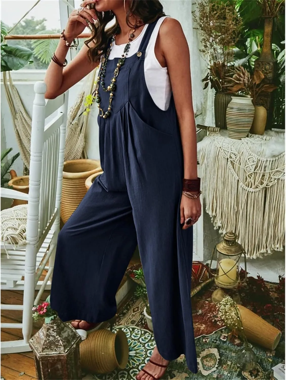 Loose Jumpsuits For Women Summer Comfy Cotton Linen Wide Leg One Piece Outfits Sleeveless Pants Romper With Pockets