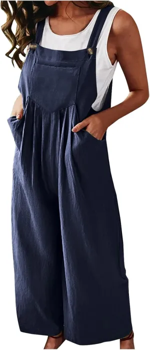 Loose Jumpsuits For Women Summer Comfy Cotton Linen Wide Leg One Piece Outfits Sleeveless Pants Romper With Pockets