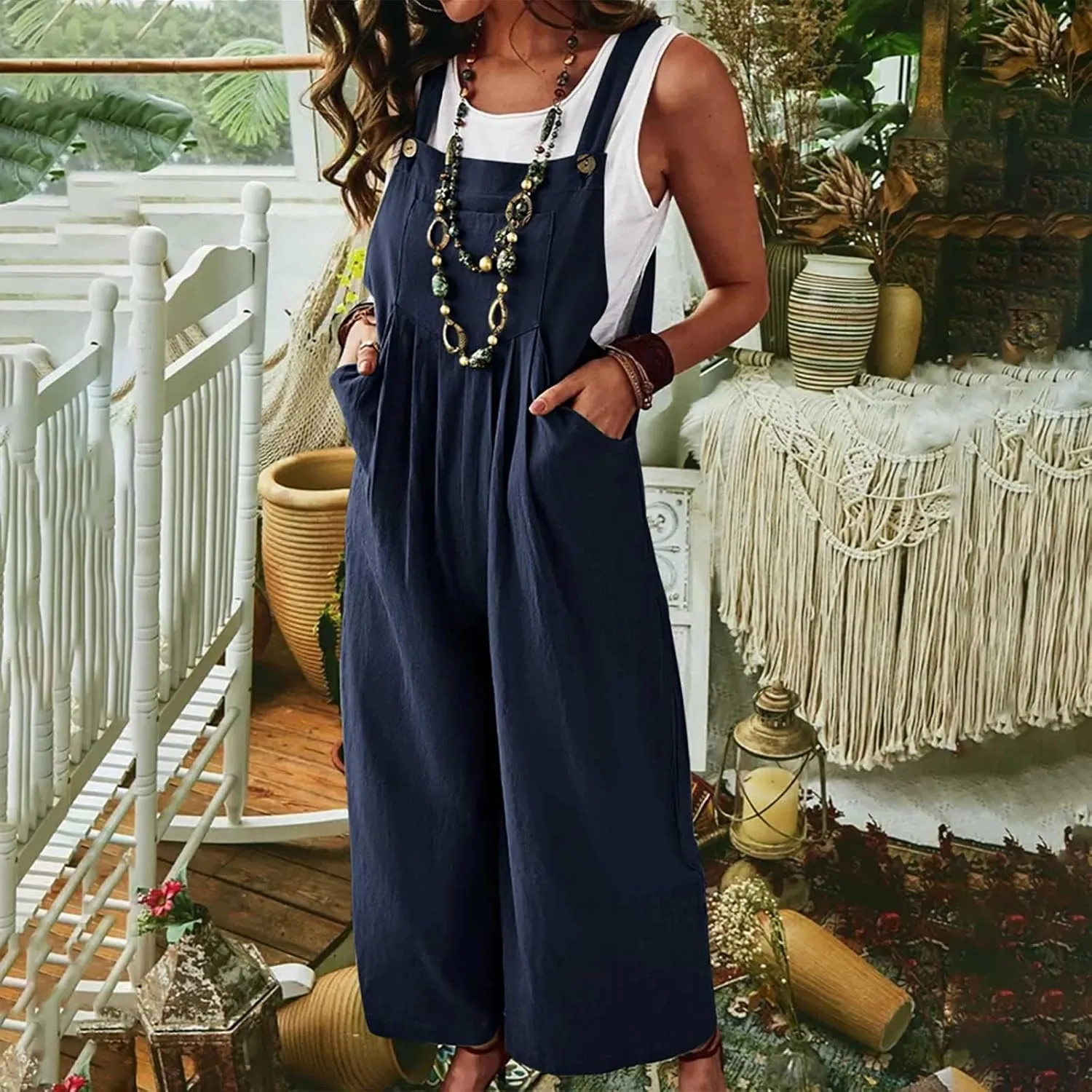 Loose Jumpsuits For Women Summer Comfy Cotton Linen Wide Leg One Piece Outfits Sleeveless Pants Romper With Pockets