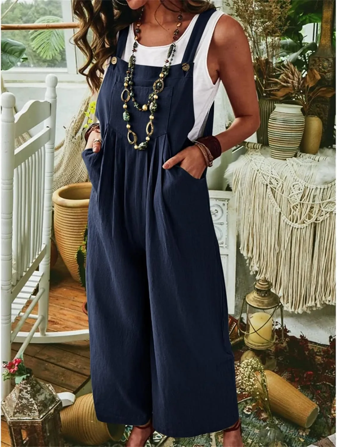 Loose Jumpsuits For Women Summer Comfy Cotton Linen Wide Leg One Piece Outfits Sleeveless Pants Romper With Pockets