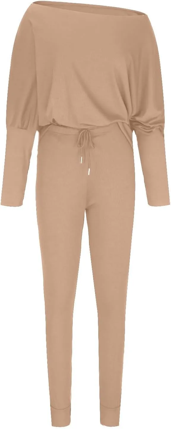 Lounge Sets for Women 2 Piece Knit Sets Off Shoulder Sweater Tops and Skinny Pants Tracksuits Comfy Pajamas Set