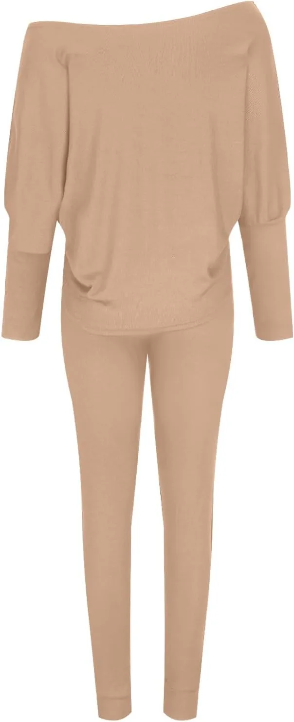Lounge Sets for Women 2 Piece Knit Sets Off Shoulder Sweater Tops and Skinny Pants Tracksuits Comfy Pajamas Set