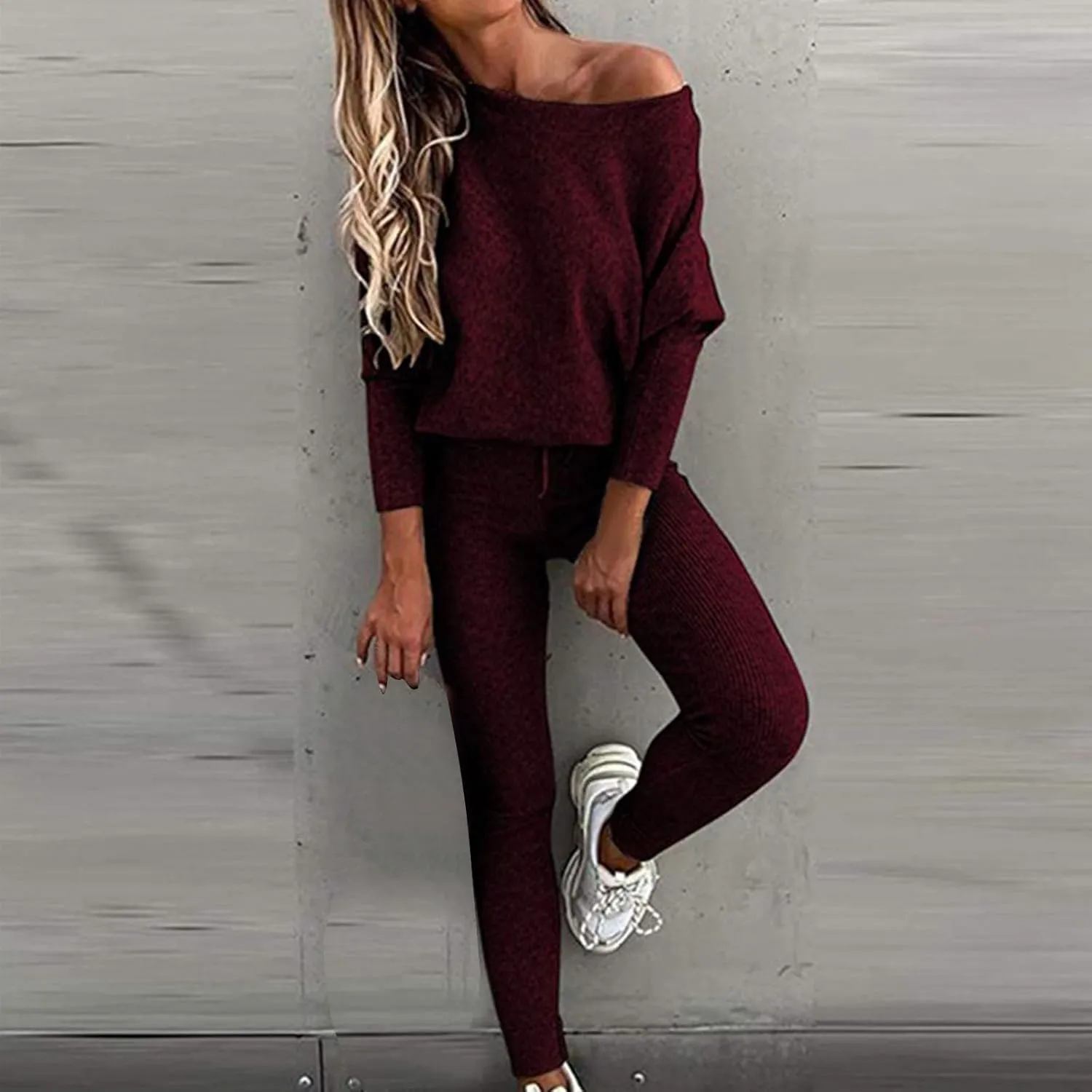 Lounge Sets for Women 2 Piece Knit Sets Off Shoulder Sweater Tops and Skinny Pants Tracksuits Comfy Pajamas Set