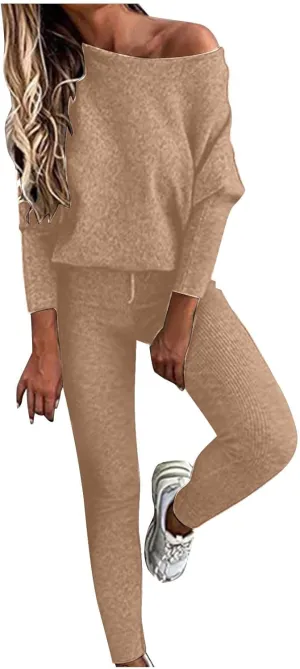 Lounge Sets for Women 2 Piece Knit Sets Off Shoulder Sweater Tops and Skinny Pants Tracksuits Comfy Pajamas Set