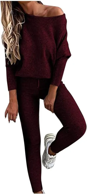 Lounge Sets for Women 2 Piece Knit Sets Off Shoulder Sweater Tops and Skinny Pants Tracksuits Comfy Pajamas Set