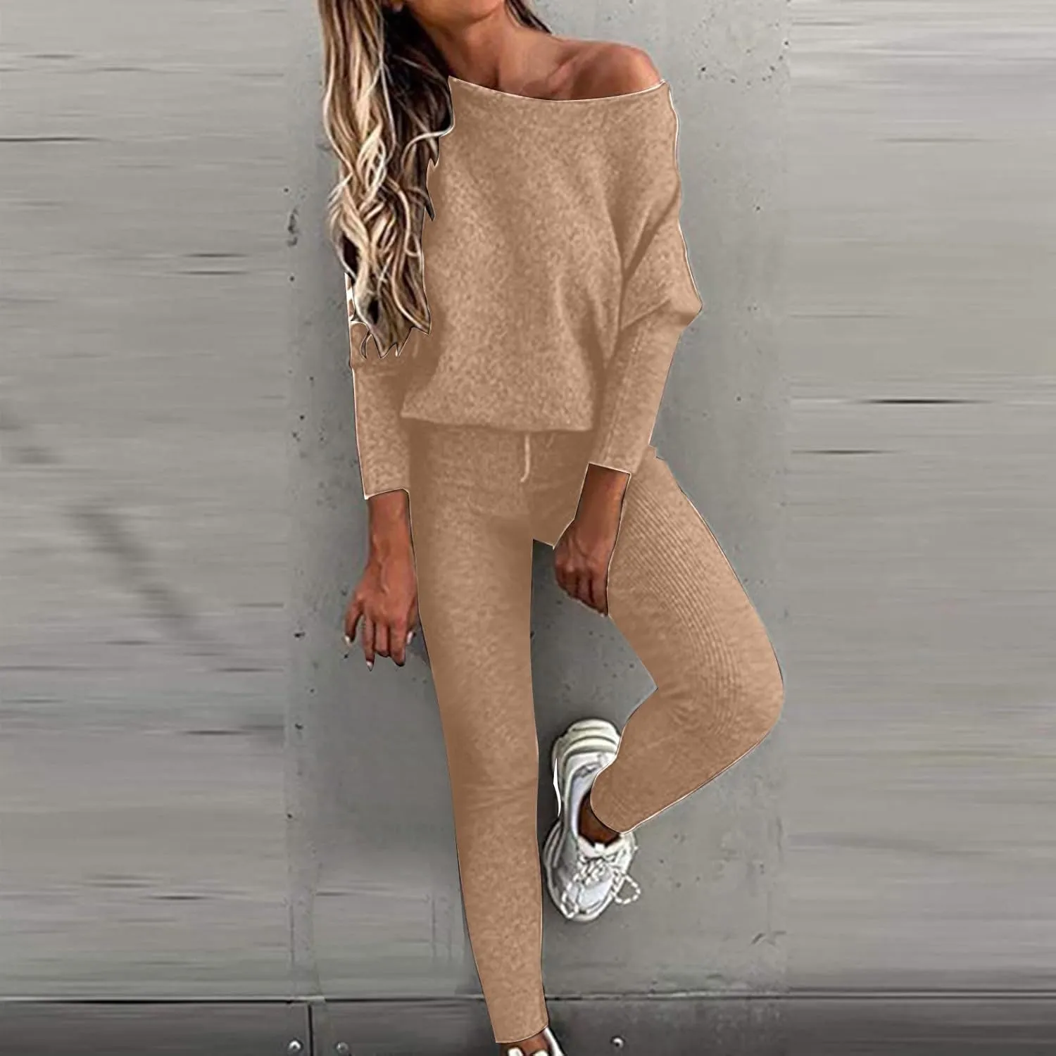 Lounge Sets for Women 2 Piece Knit Sets Off Shoulder Sweater Tops and Skinny Pants Tracksuits Comfy Pajamas Set