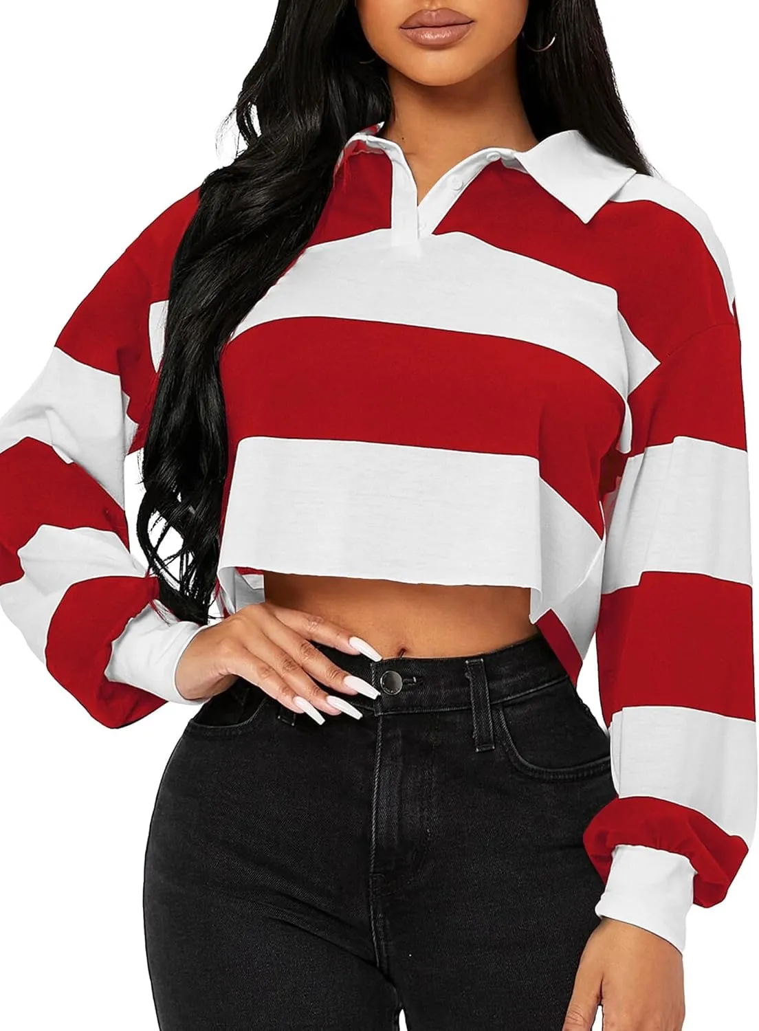 LovelyWholesale Women Striped Cropped Sweatshirts Polo Collar Long Sleeve Crop Tops