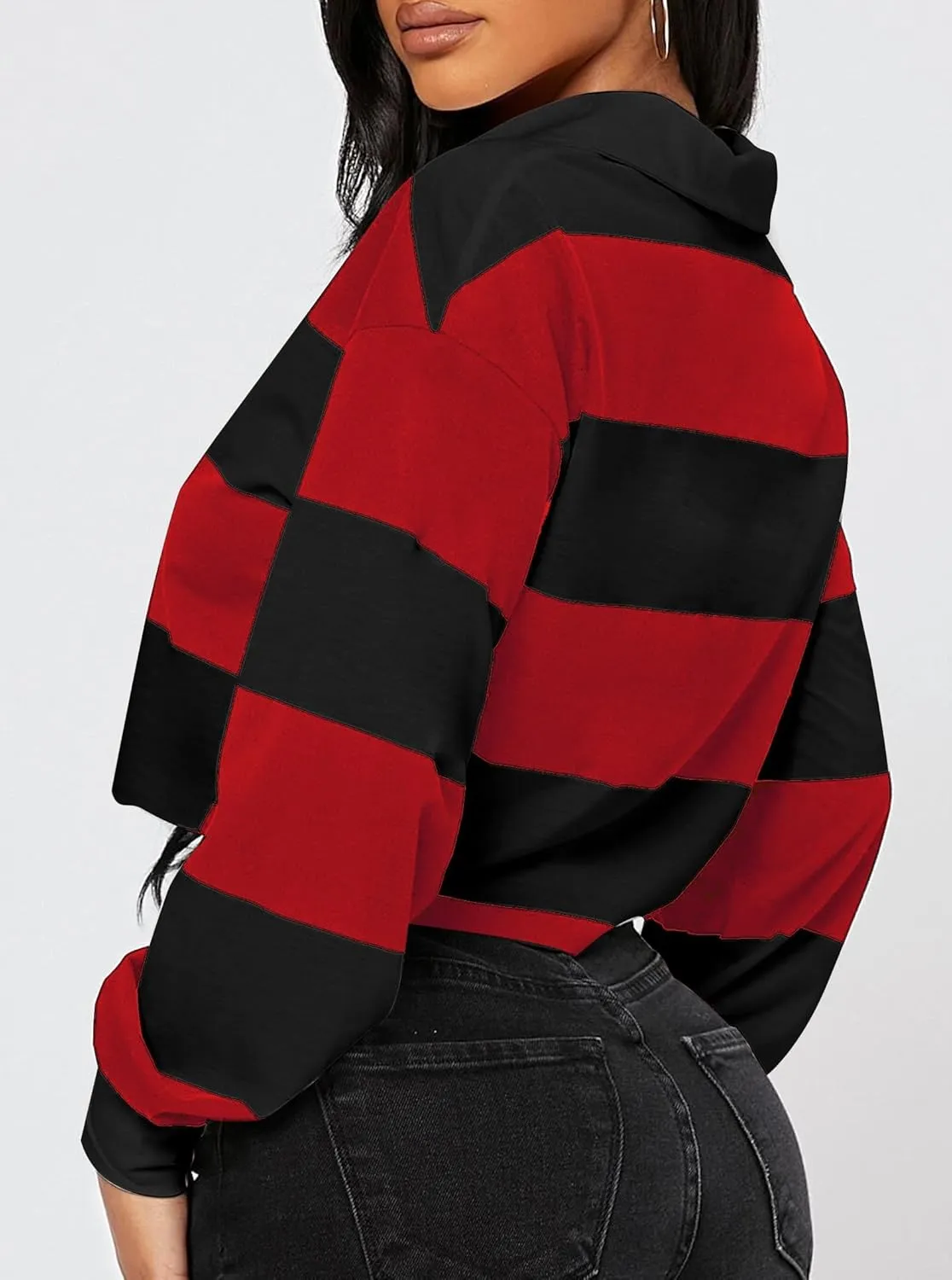 LovelyWholesale Women Striped Cropped Sweatshirts Polo Collar Long Sleeve Crop Tops
