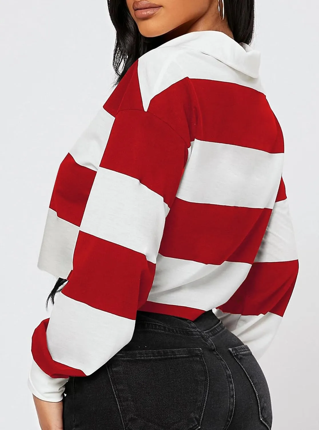 LovelyWholesale Women Striped Cropped Sweatshirts Polo Collar Long Sleeve Crop Tops