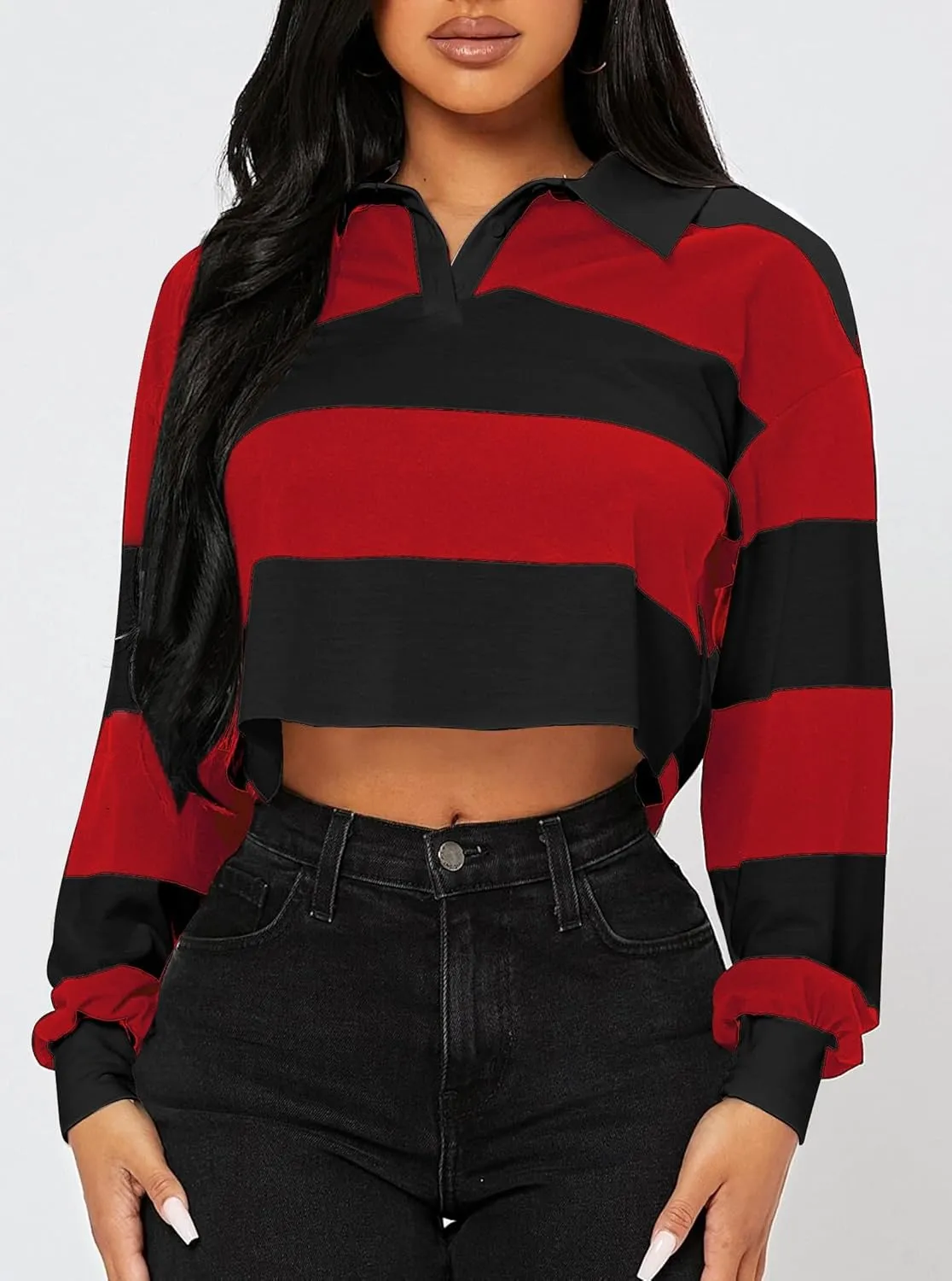 LovelyWholesale Women Striped Cropped Sweatshirts Polo Collar Long Sleeve Crop Tops
