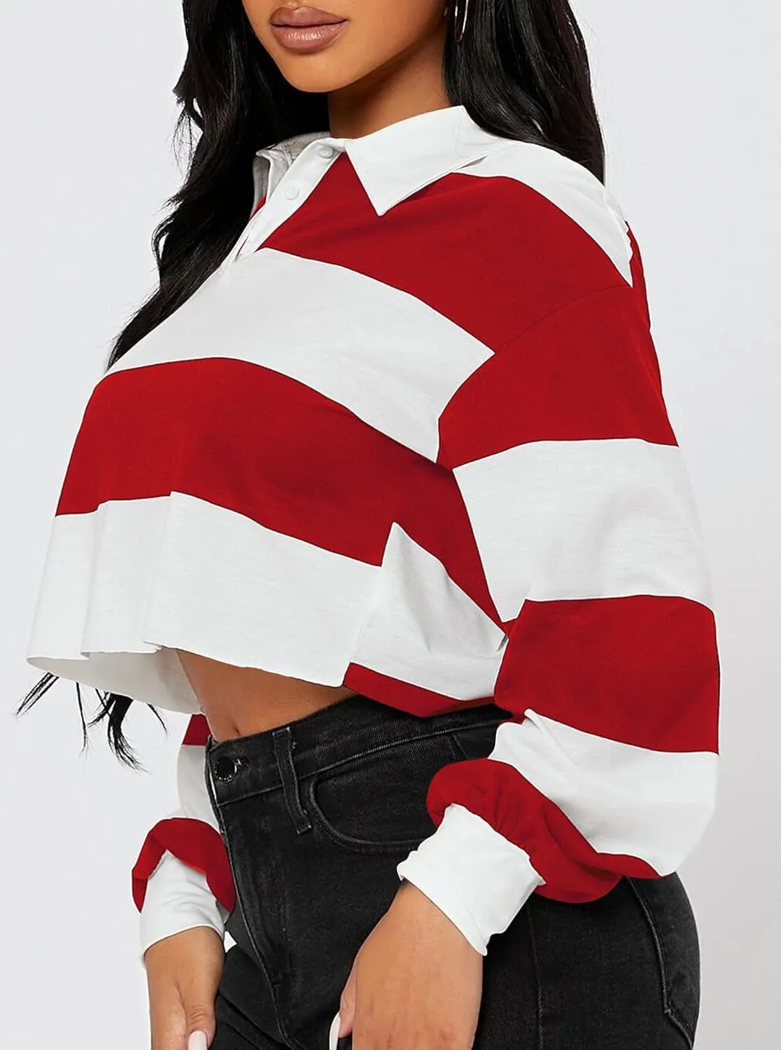LovelyWholesale Women Striped Cropped Sweatshirts Polo Collar Long Sleeve Crop Tops