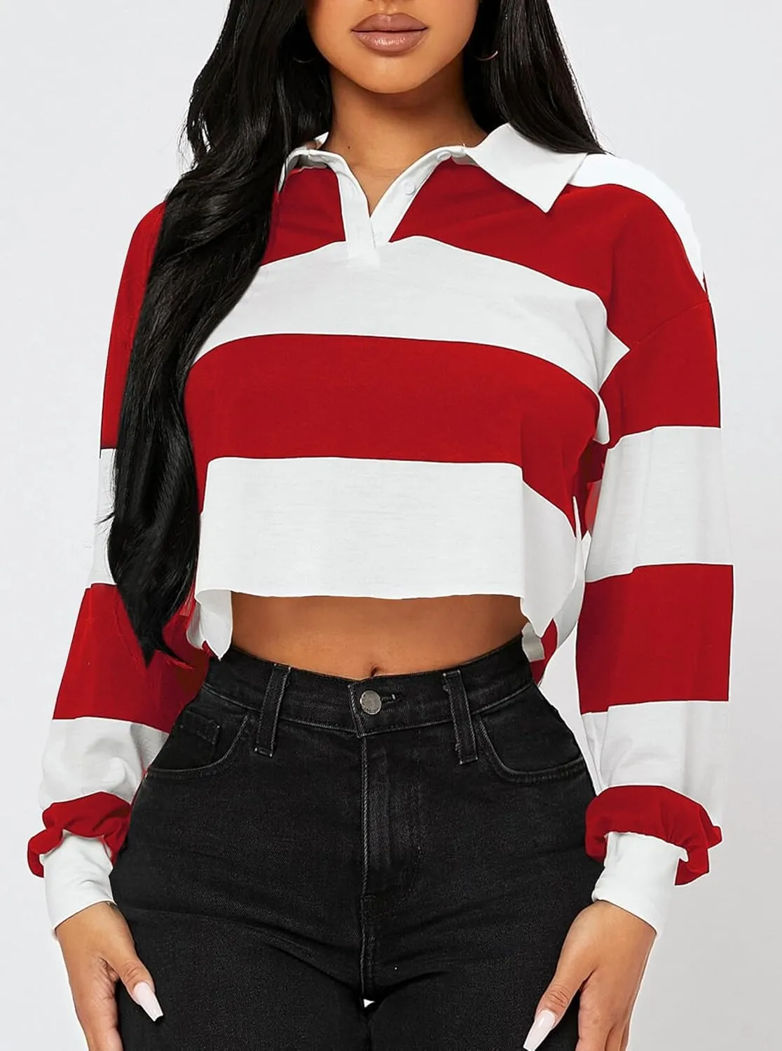 LovelyWholesale Women Striped Cropped Sweatshirts Polo Collar Long Sleeve Crop Tops