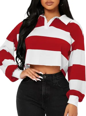 LovelyWholesale Women Striped Cropped Sweatshirts Polo Collar Long Sleeve Crop Tops